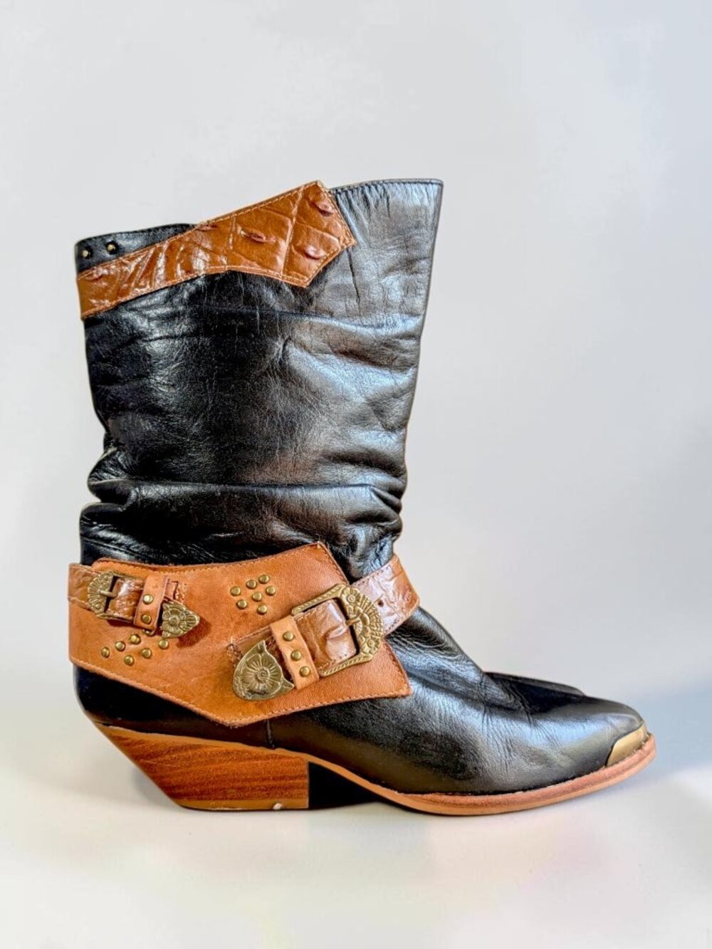 VTG 90's made in Brazil colorblock black tan leather slouchy western boots  7 US